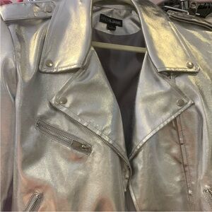 Silver Vegan Leather Biker Jacket - Statement Piece